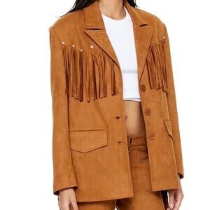 NWT Brown Faux Suede Western Fringe Boho Jacket, Lined, Studded Trim, Size XS